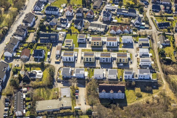 Aerial view, new housing estate Sonnenfeld, Schmandbruch, Wetter, Ruhr area, North Rhine-Westphalia, Germany, DE, Europe, property tax, real estate, aerial view, aerial photography, aerial photography, overview, bird's-eye view, Wetter (Ruhr), housing estate, housing and living, residential area, housing quality, residential neighbourhood, housing estate, residential area, birds-eyes view, overview