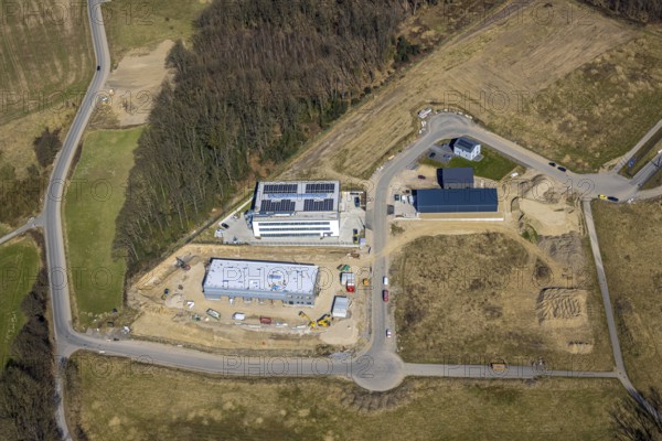 Aerial view, industrial estate An den Drei Eichen, Koro RIW company premises, Grundschöttel, Wetter, Ruhr area, North Rhine-Westphalia, Germany, DE, Europe, commercial enterprises, commercial area, industrial estate, commercial property, commercial park, commercial site, commercial use, industrial area, industrial site, aerial photograph, aerial photography, aerial photography, overview, bird's-eye view, Wetter (Ruhr), birds-eyes view, overview