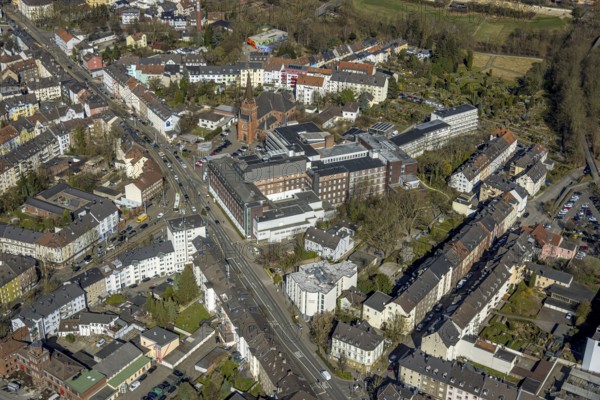Aerial view, residential area Ardeystraße and Crendeldanzstraße, in the centre Marienhospital and Marienkirche, behind Kita Zum Ledderken, below the old fire station, sunshine, Witten, Ruhr area, North Rhine-Westphalia, Germany, place of worship, DE, Europe, health care, religious community, place of worship, holy place, hospital, kindergarten, day care centre, day nursery, church, parish, day nursery, clinic, clinic, denomination, hospital, aerial view, aerial photography, aerial photography, medical facility, medical aid, place, religion, religious site, overview, bird's-eye view, birds-eyes view, overview, medical care