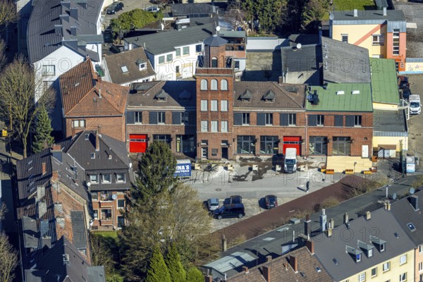 Aerial view, old fire station with tower on the main street, planned redesign for residential area, city centre, Witten, Ruhr area, North Rhine-Westphalia, Germany, construction site, DE, Europe, fire brigade, aerial view, aerial photography, aerial photography, location, overview, conversion, bird's eye view, flats, birds-eyes view, overview