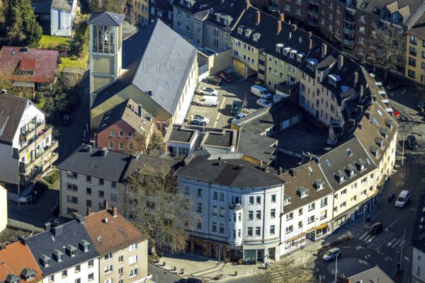 Aerial view, Kreuzkirche Lutheran Church, semicircular residential complex, Lutherstraße, Witten, Ruhr area, North Rhine-Westphalia, Germany, DE, Europe, place of worship, church, aerial view, aerial photography, aerial photography, apartment buildings, location, overview, bird's-eye view, living and life, residential buildings, birds-eyes view, overview