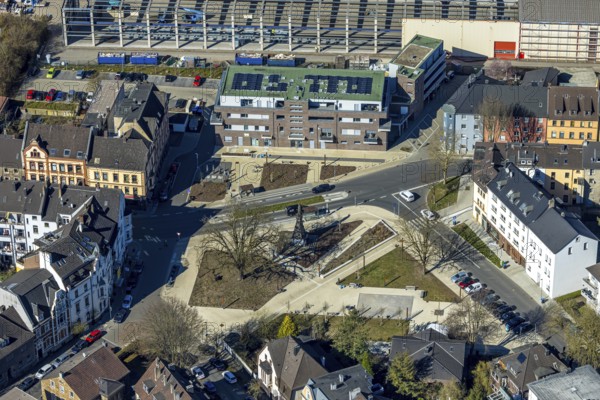 Aerial view, Karl-Marx-Platz redesign, Germania Denkmal design by architect Heinrich Klutmann, new multi-generation house in the residential area Breite Straße, Witten, Ruhr area, North Rhine-Westphalia, Germany, DE, monument, Europe, aerial view, aerial photography, aerial photography, new building, place, square, overview, redesign, bird's-eye view, residential building, birds-eyes view, overview