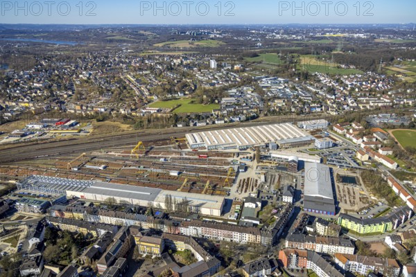 Aerial view, DB Netz Bundesbahnbetriebswerk Werk Oberbaustoffe Witten Weichenwerk Witten, view to the district Heven, Witten, Ruhr area, North Rhine-Westphalia, Germany, railway tracks, DE, Europe, commercial enterprises, commercial area, commercial area, commercial property, commercial park, commercial site, commercial use, industrial area, industrial site, aerial view, aerial photography, aerial photography, aerial photography, location, overview, bird's-eye view, overview