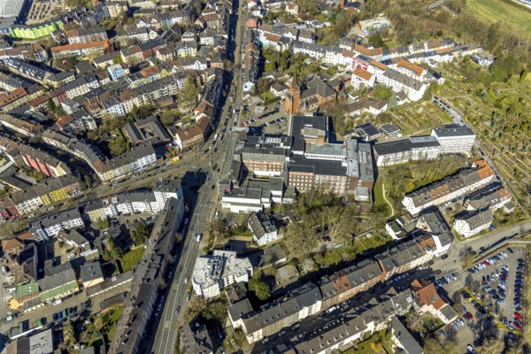 Aerial view, residential area Ardeystraße and Crendeldanzstraße, in the centre Marienhospital and Marienkirche, sunshine, Witten, Ruhr area, North Rhine-Westphalia, Germany, place of worship, DE, Europe, health care, religious community, place of worship, holy place, hospital, church, parish, clinic, clinic centre, denomination, hospital, hospital, aerial view, aerial photography, aerial photography, medical facility, medical aid, place, religion, religious site, overview, bird's-eye view, birds-eyes view, overview, medical care