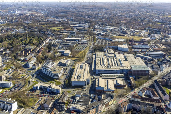 Aerial view, medical centre Pferdebachstraße with new extension and roundabout, bridge cycle path Rheinischer Esel, factory premises ZF Industrieantriebe Witten GmbH, on the right fire brigade and works office, behind chemical park Witten, sunshine, Witten, Ruhr area, North Rhine-Westphalia, Germany, DE, Europe, aerial view, aerial photography, aerial photography, location, overview, bird's-eye view, overview