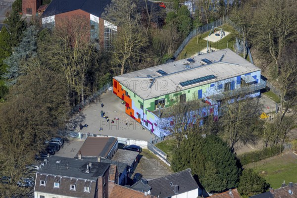 Aerial view, Kindergarten Kita Zum Ledderken, Sonnenschein, Witten, Ruhr area, North Rhine-Westphalia, Germany, DE, Europe, kindergarten, day nursery, day care centre, day care centre, aerial photograph, aerial photography, aerial photography, location, overview, bird's-eye view, overview