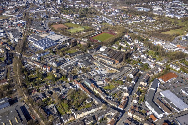 Aerial view, sports facility Wullenstadion football stadium, former factory premises Eisenwerk Böhmer and residential area around Annenstraße, Witten, Ruhr area, North Rhine-Westphalia, Germany, DE, Europe, football pitch, commercial enterprises, commercial area, commercial area, commercial property, commercial site, commercial use, industrial area, industrial site, aerial view, aerial photography, aerial photography, location, sports, sports facilities, sports field, sports facility, stadium, overview, bird's-eye view, birds-eyes view, overview