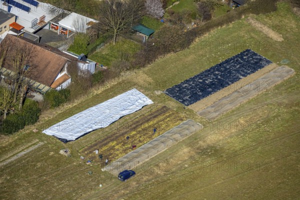 Aerial view, covering tarpaulins in the herb garden and gardening at Christopherus-Haus e.V. - Wohn- und Lebensgemeinschaft Witten Christopherus-Hof, Annen, Witten, Ruhr area, North Rhine-Westphalia, Germany, DE, Europe, gardening, garden design, Haus Gottessegen, aerial view, aerial photography, aerial photography, aerial photography, location, overview, bird's-eye view, birds-eyes view, overview