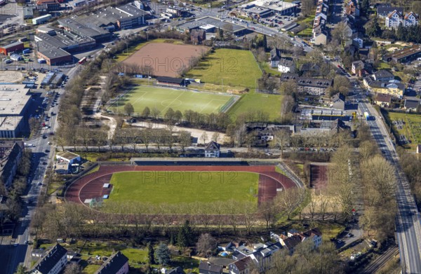 Aerial view, sports facility Wullenstadion, football stadium FSV Witten and VfB Annen, between Dortmunder Straße and Westfalenstraße, Witten, Ruhr area, North Rhine-Westphalia, Germany, DE, Europe, aerial view, aerial photography, aerial photography, location, overview, bird's-eye view, overview