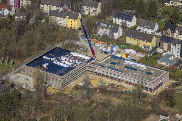 Aerial view, construction site educational quarter with new building Baedekerschule am Park der Generationen, Annen, Witten, Ruhr area, North Rhine-Westphalia, Germany, construction work, construction area, building site, building plots, construction project, construction site, DE, Europe, aerial view, aerial photography, aerial photography, new building, location, overview, bird's-eye view, overview