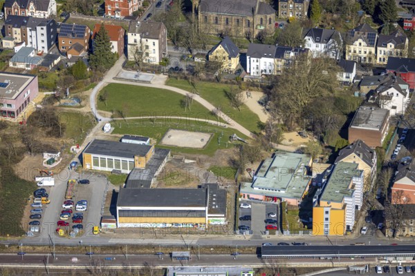 Aerial view, construction site educational quarter, park of generations with indoor swimming pool, kindergarten day care centre Märkische Straße, Annen, Witten, Ruhr area, North Rhine-Westphalia, Germany, construction work, construction area, building site, building plots, construction project, construction site, DE, Europe, kindergarten, day care centre, day care centre, aerial photograph, aerial photography, aerial photography, new building, location, overview, bird's-eye view, overview