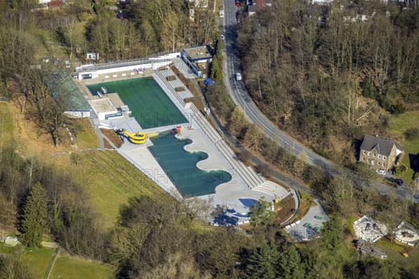 Aerial view, outdoor swimming pool Annen, swimming pool, swimming pool and water slide, Annen, Witten, Ruhr area, North Rhine-Westphalia, Germany, bathing establishment, bathing resort, DE, Europe, outdoor swimming pool, leisure activities, aerial view, aerial photography, aerial photography, location, swimming pool, overview, bird's-eye view, overview