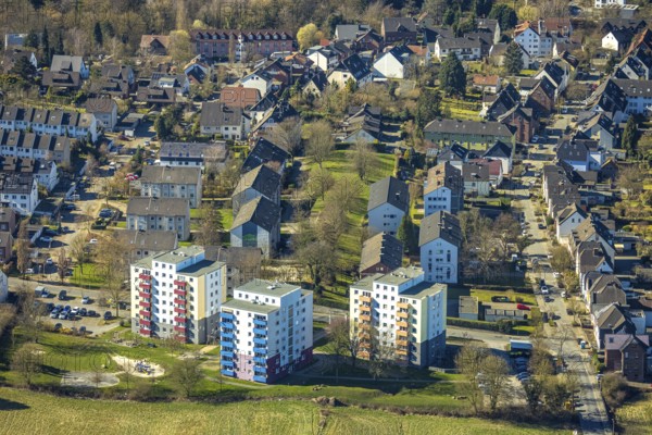 Aerial view, residential area and high-rise buildings Kerschensteinerstraße and Marktweg with Am Anger, Annen, Witten, Ruhr area, North Rhine-Westphalia, Germany, DE, Europe, aerial view, aerial photography, aerial photography, location, overview, bird's-eye view, overview