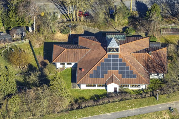 Aerial view, protestant community centre with solar roof, Brunebecker Straße, Rüdinghausen, Witten, Ruhr area, North Rhine-Westphalia, Germany, DE, Europe, community centre, aerial view, aerial photography, aerial photography, location, overview, bird's-eye view, overview