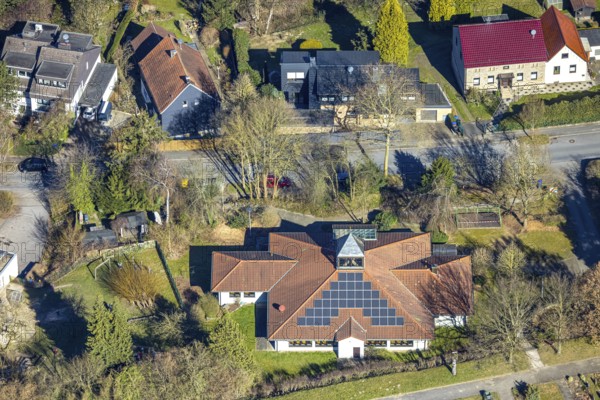 Aerial view, protestant community centre with solar roof, Brunebecker Straße, Rüdinghausen, Witten, Ruhr area, North Rhine-Westphalia, Germany, DE, Europe, community centre, aerial view, aerial photography, aerial photography, location, overview, bird's-eye view, overview
