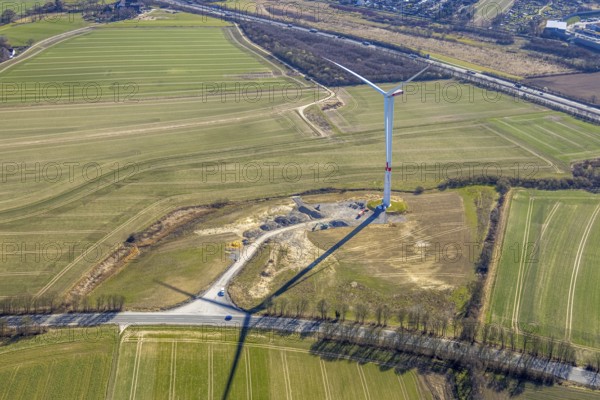 Aerial view, wind farm and wind turbine construction in Salinger Feld, Vöckenberg and Baroper Straße, Eichlinghofen, Dortmund, Ruhr area, North Rhine-Westphalia, Germany, alternative energy, DE, Europe, aerial view, aerial photography, aerial photography, location, overview, bird's-eye view, WTG, wind energy, wind power, wind power plant, wind farm, wind turbine, wind wheels, Witten, birds-eyes view, overview