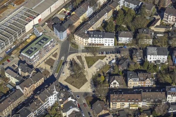 Aerial view, Karl-Marx-Platz redesign, Germania Denkmal design by architect Heinrich Klutmann, new multi-generation house in the residential area Breite Straße, Witten, Ruhr area, North Rhine-Westphalia, Germany, DE, monument, Europe, aerial view, aerial photography, aerial photography, new building, place, square, overview, redesign, bird's-eye view, residential building, birds-eyes view, overview