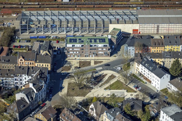 Aerial view, Karl-Marx-Platz redesign, Germania Denkmal design by architect Heinrich Klutmann, new multi-generation house in the residential area Breite Straße, Witten, Ruhr area, North Rhine-Westphalia, Germany, DE, monument, Europe, aerial view, aerial photography, aerial photography, new building, place, square, overview, redesign, bird's-eye view, residential building, birds-eyes view, overview