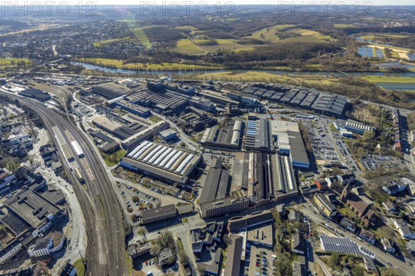 Aerial view, Deutsche Edelstahlwerke Steel Gmbh, view to the river Ruhr and into the Muttental valley with Nachtigall colliery, Witten, Ruhr area, North Rhine-Westphalia, Germany, DE, Europe, commercial enterprises, commercial area, commercial property, commercial site, commercial use, industrial area, industrial site, aerial photograph, aerial photography, aerial photography, location, overview, bird's-eye view, birds-eyes view, overview