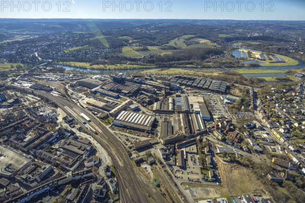 Aerial view, Deutsche Edelstahlwerke Steel Gmbh, view to the river Ruhr and into the Muttental valley with Nachtigall colliery, Witten, Ruhr area, North Rhine-Westphalia, Germany, DE, Europe, commercial enterprises, commercial area, commercial property, commercial site, commercial use, industrial area, industrial site, aerial photograph, aerial photography, aerial photography, location, overview, bird's-eye view, birds-eyes view, overview