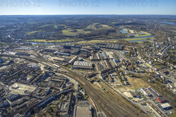 Aerial view, Deutsche Edelstahlwerke Steel Gmbh, view to the river Ruhr and into the Muttental valley with Nachtigall colliery, Witten, Ruhr area, North Rhine-Westphalia, Germany, DE, Europe, commercial enterprises, commercial area, commercial property, commercial site, commercial use, industrial area, industrial site, aerial photograph, aerial photography, aerial photography, location, overview, bird's-eye view, birds-eyes view, overview