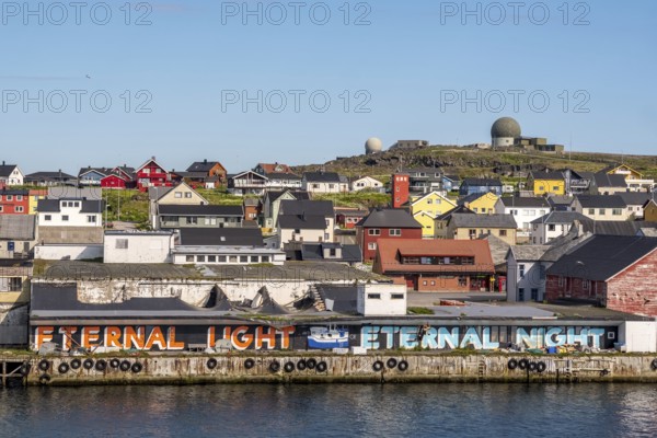 Harbour and town view, Street Art Eternal Light Eternal Night, observatory, church, Vardø, Finnmark, Norway, Scandinavia, Europe, adventure trip, place of worship, astronomy, tourism, religious community, place of worship, graffiti eternal light eternal night, Hurtigruten, Hurtigruten trip, church community, denomination, cruise, NOR, trip, destination, religion, sea trip, sightseeing, tourism, Vardø church, Norwegian, Scandinavian, touristic