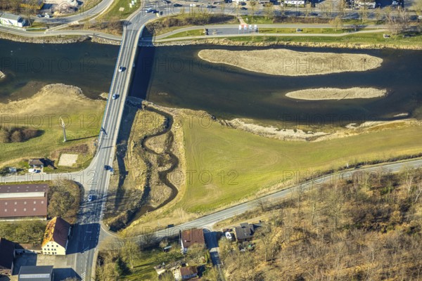 Aerial view, Ruhr bridge Wickede (Ruhr) over the river Ruhr with sandbanks, Mühlenbach meander, Wimbern, Wickede, Soester Börde, North Rhine-Westphalia, Germany, DE, Europe, aerial view, aerial photography, aerial photography, overview, bird's-eye view, Wickede (Ruhr), birds-eyes view, overview
