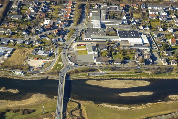 Aerial view, Ruhr bridge Wickede (Ruhr) over the river Ruhr with sandbanks, Mühlenbach meander, Wimbern, Wickede, Soester Börde, North Rhine-Westphalia, Germany, DE, Europe, aerial view, aerial photography, aerial photography, overview, bird's-eye view, Wickede (Ruhr), birds-eyes view, overview