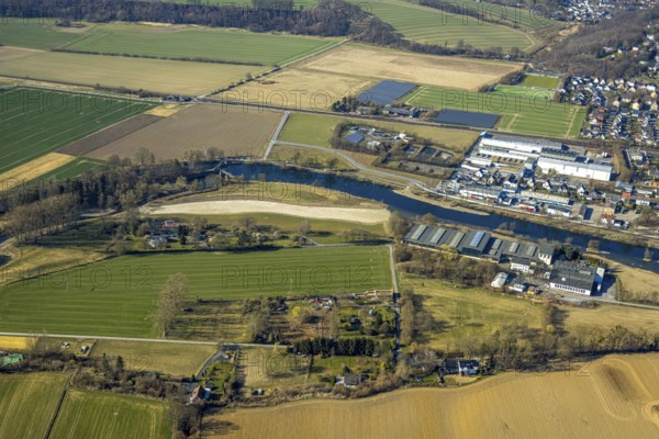 Aerial view, river Ruhr with weir, dry riverbed Am Graben, Wimbern, Wickede, Soester Börde, North Rhine-Westphalia, Germany, DE, Europe, aerial view, aerial photography, aerial photography, overview, bird's eye view, Wickede (Ruhr), birds-eyes view, overview