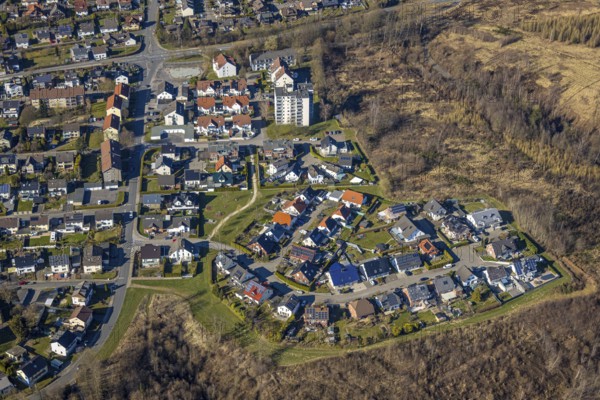 Aerial view, housing estate Goethestrasse, single-family houses and high-rise building, Wickede, Soester Börde, North Rhine-Westphalia, Germany, DE, Europe, property tax, real estate, aerial view, aerial photography, aerial photography, overview, bird's-eye view, Wickede (Ruhr), housing estate, housing and living, residential area, housing quality, residential neighbourhood, housing estate, residential district, birds-eyes view, overview