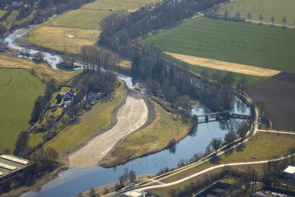 Aerial view, river Ruhr with weir, dry riverbed Am Graben, Wimbern, Wickede, Soester Börde, North Rhine-Westphalia, Germany, DE, Europe, aerial view, aerial photography, aerial photography, overview, bird's eye view, Wickede (Ruhr), birds-eyes view, overview
