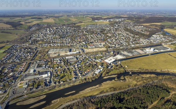 Aerial view, river Ruhr and local view residential area Wickede, Echthausen, Wickede, Soester Börde, North Rhine-Westphalia, Germany, DE, Europe, aerial view, aerial photography, aerial photography, overview, bird's-eye view, Wickede (Ruhr), birds-eyes view, overview