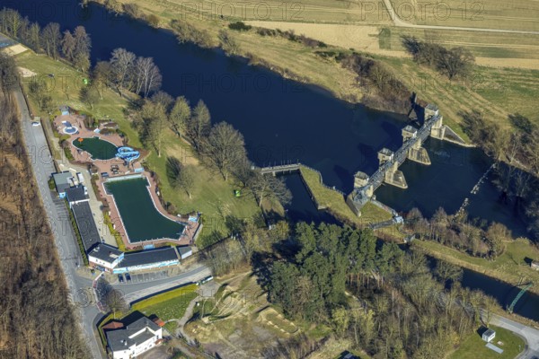 Aerial view, outdoor swimming pool Wickede (Ruhr) and Fröndenberger Wehr at the river Ruhr, Wickede, Soester Börde, North Rhine-Westphalia, Germany, bathing establishment, bathing resort, DE, Europe, outdoor swimming pool, leisure activities, aerial view, aerial photography, aerial photography, swimming pool, swimming pool, overview, bird's eye view, Wickede (Ruhr), birds-eyes view, overview