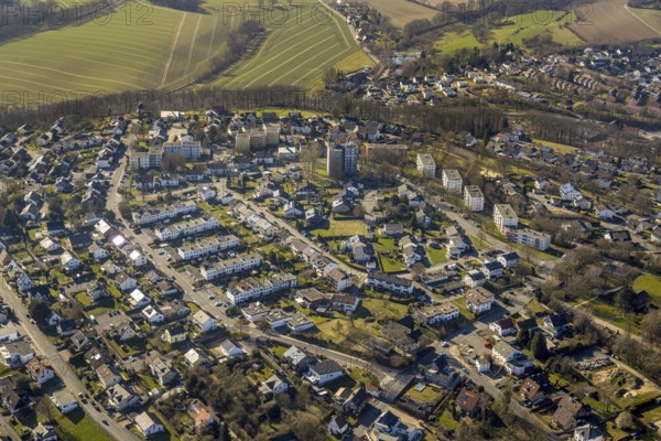 Aerial view, local view residential area around Antoniusstraße, mountain chapel at the edge of the forest, Wickede, Soester Börde, North Rhine-Westphalia, Germany, DE, single-family houses, Europe, property tax, high-rise buildings, real estate, aerial view, aerial photography, aerial photography, multi-family houses, apartment buildings, terraced houses, overview, bird's-eye view, Wickede (Ruhr), residential area, living and living, residential area, residential quality, residential neighbourhood, housing estate, residential area, birds-eyes view, overview