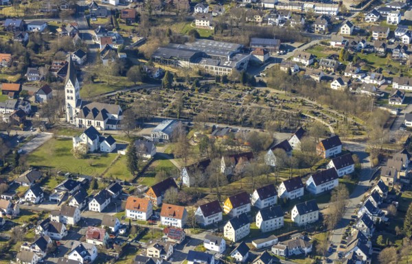 Aerial view, catholic parish church Saint Anthony of Padua and catholic cemetery Wickede burial ground, catholic kindergarten Kita St. Josef, residential area Lindenweg, Wickede, Soester Börde, North Rhine-Westphalia, Germany, architecture, building, educational institution, DE, village, Europe, garden, gravestones, burial ground, green trees, autumn, sky, houses, infrastructure, kindergarten, church tower, Kita St. Josef, landscape, aerial view, aerial photography, aerial photography, neighbourhood, province, religion, Saint Anthony of Padua, settlement, playground, overview, bird's-eye view, Wickede (Ruhr), residential area, birds-eyes view, catholic parish church, catholic cemetery, rural, overview, regional, red roofs