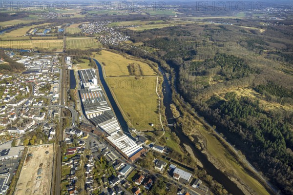 Aerial view, Wickeder Westfalenstahl factory premises, river Ruhr and Ruhraue at the forest, behind district Echthausen, Wickede, Soester Börde, North Rhine-Westphalia, Germany, DE, Europe, commercial enterprises, commercial area, commercial area, commercial property, commercial park, commercial location, commercial use, industrial area, industrial location, aerial view, aerial photography, aerial photography, overview, bird's eye view, Wickede (Ruhr), birds-eyes view, overview