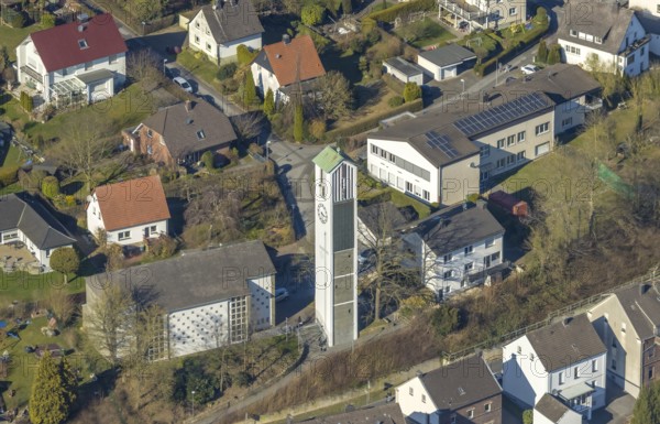 Aerial view, Evangelical Church of Christ and free-standing church tower, Jahnstraße, Echthausen, Wickede, Soester Börde, North Rhine-Westphalia, Germany, place of worship, DE, Europe, religious community, place of worship, holy place, church, parish, denomination, aerial view, aerial photography, aerial photography, religion, religious site, overview, bird's-eye view, Wickede (Ruhr), birds-eyes view, overview
