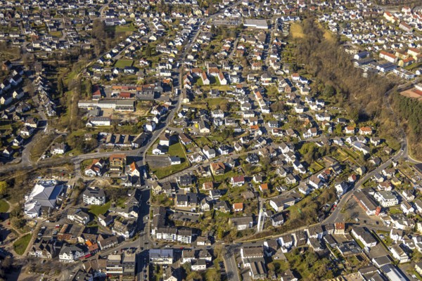 Aerial view, local view residential area with Melanchthonschule primary school, at the federal road B63, Wickede/Ruhr, North Rhine-Westphalia, Germany, education, educational institution, DE, Europe, educational institute, aerial view, aerial photography, aerial photography, Ruhr area, school, overview, bird's eye view, Wickede, Wickede (Ruhr), birds-eyes view, overview