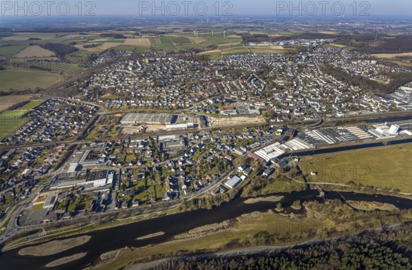 Aerial view, river Ruhr and local view residential area Wickede, Echthausen, Wickede, Soester Börde, North Rhine-Westphalia, Germany, DE, Europe, aerial view, aerial photography, aerial photography, overview, bird's-eye view, Wickede (Ruhr), birds-eyes view, overview