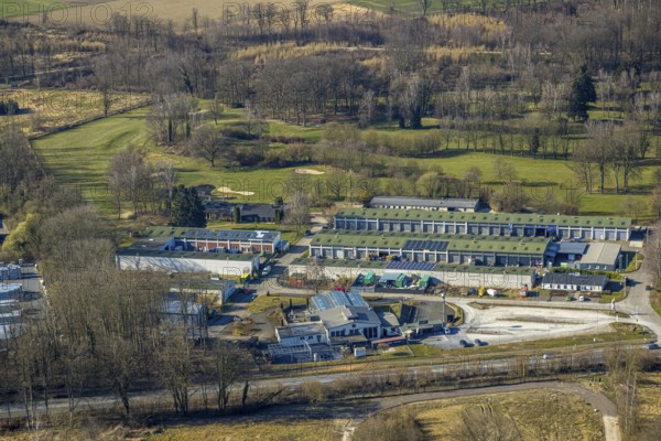 Aerial view, commercial area Westerhaar, garage spaces Am Golfplatz, at the federal road B63, Waltringen, Ense, Soester Börde, North Rhine-Westphalia, Germany, DE, Europe, commercial enterprises, commercial space, commercial area, commercial property, commercial park, commercial site, commercial use, industrial area, industrial site, aerial view, aerial photography, aerial photography, overview, bird's-eye view, Wickede, Wickede (Ruhr), birds-eyes view, overview