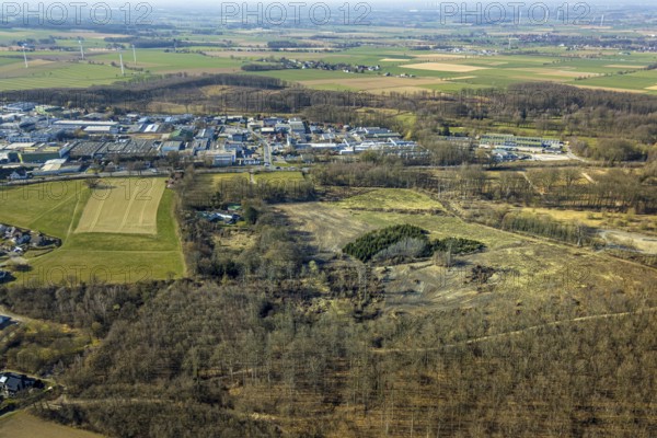 Aerial view, commercial area Westerhaar, meadows and fields, at the federal road B63, Waltringen, Ense, Soester Börde, North Rhine-Westphalia, Germany, DE, Europe, commercial enterprises, commercial area, commercial property, commercial park, commercial site, commercial use, industrial area, industrial site, aerial view, aerial photography, aerial photography, overview, bird's-eye view, Wickede, Wickede (Ruhr), birds-eyes view, overview