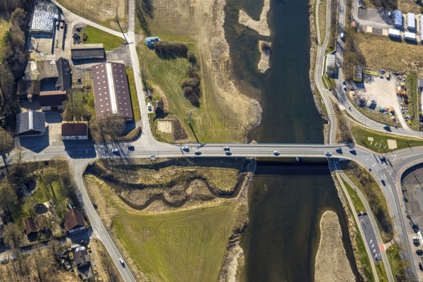 Aerial view, Ruhr bridge Wickede (Ruhr) over the river Ruhr with sandbanks, Mühlenbach meander, Wimbern, Wickede, Soester Börde, North Rhine-Westphalia, Germany, DE, Europe, aerial view, aerial photography, aerial photography, overview, bird's-eye view, Wickede (Ruhr), birds-eyes view, overview
