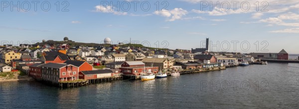 Panorama, Vardø Observatory, harbour with fishing boats, church and view of Vardø, Finnmark, Norway, Scandinavia, Europe, adventure trip, place of worship, astronomy, boats, tourism, religious community, place of worship, Hurtigruten, Hurtigruten voyage, church, church community, denomination, cruise, Maximilian Hell and the Venus transit, NOR, pile dwellings, travel, destination, religion, ship, ships, sea voyage, sightseeing, observatory, tourism, Norwegian, Scandinavian, tourist, easternmost municipality in Norway