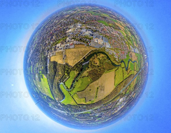 Aerial view, former. Werne colliery shaft 1/2, brownfield area Flöz-Zollverein-Straße, Lippe floodplain with waterfall, globe, fisheye image, fisheye image, 360 degree image, tiny world, little planet, fisheye image, Werne, Ruhr area, North Rhine-Westphalia, Germany, DE, Europe, fisheye lens, fisheye lens, aerial view, aerial photography, aerial photography, Münsterland, super wide angle lens, overview, bird's eye view, birds-eyes view, fisheye lens, insta360 camera, overview