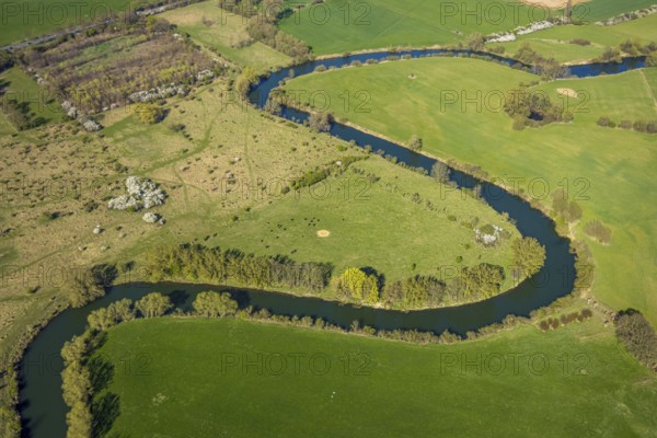 Aerial view, river Lippe meander, Lippe floodplain nature reserve from Werne to Heil, city limits to Bergkamen and Lünen, Werne, Ruhr area, North Rhine-Westphalia, Germany, DE, Europe, aerial view, aerial photography, aerial photography, Münsterland, overview, bird's eye view, birds-eyes view, overview