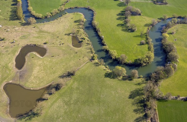Aerial view, river Lippe meander, Lippe floodplain nature reserve from Werne to Heil, city limits to Bergkamen and Lünen, Werne, Ruhr area, North Rhine-Westphalia, Germany, DE, Europe, aerial view, aerial photography, aerial photography, Münsterland, overview, bird's eye view, birds-eyes view, overview