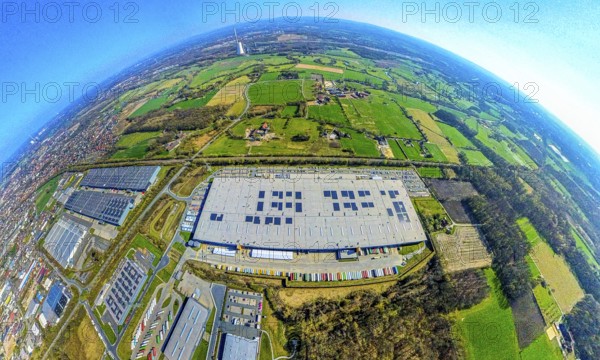 Aerial photography, Amazon logistics, Amazon DE DTM1, earth globe, fisheye shot, fisheye shot, 360 degree shot, tiny world, little planet, fisheye image, Lenklar, Werne, Ruhr area, North Rhine-Westphalia, Germany, DE, Europe, fisheye lens, fisheye lens, aerial photography, aerial photography, aerial photography, Münsterland, super wide angle lens, overview, bird's eye view, birds-eyes view, fisheye lens, insta360 camera, overview