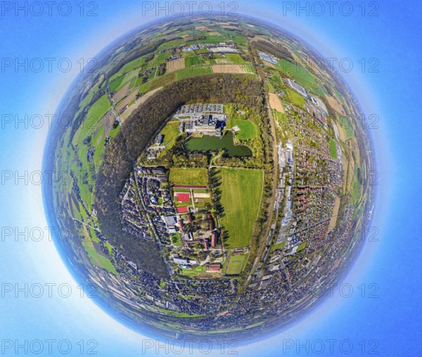 Aerial photo, Werne am See hospital, forest strip, globe, fisheye image, fisheye image, 360 degree image, tiny world, little planet, fisheye image, Werne, Ruhr area, North Rhine-Westphalia, Germany, DE, Europe, fisheye lens, fisheye lens, healthcare, hospital, clinic, hospital, hospital centre, hospital, aerial photography, aerial photography, aerial photography, medical facility, medical aid, Münsterland, super wide angle lens, overview, bird's eye view, birds-eyes view, fisheye lens, insta360 camera, overview, medical care