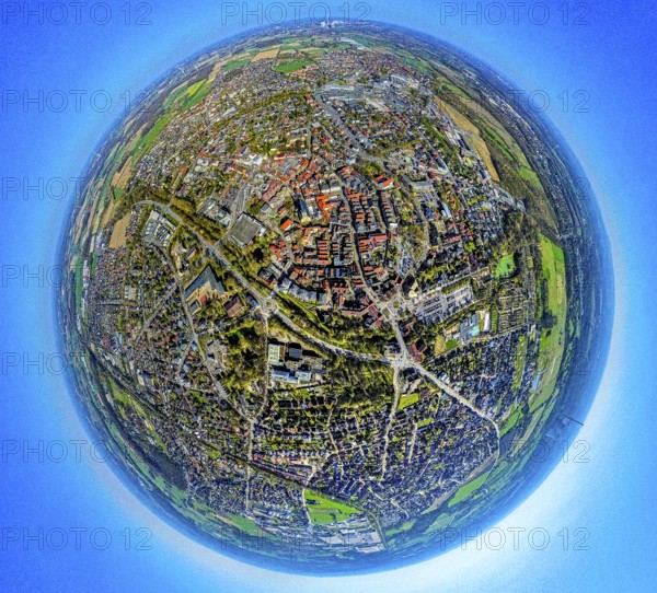 Aerial view, residential area, view of town centre, earth globe, fisheye shot, fisheye shot, 360 degree shot, tiny world, little planet, fisheye image, Werne, Ruhr area, North Rhine-Westphalia, Germany, DE, Europe, fisheye lens, fisheye lens, property tax, real estate, aerial photography, aerial photography, aerial photography, Münsterland, super wide angle lens, overview, bird's eye view, housing estate, housing and living, residential area, quality of living, residential neighbourhood, housing estate, residential area, birds-eyes view, fisheye lens, insta360 camera, overview
