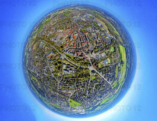 Aerial view, residential area, view of town centre, earth globe, fisheye shot, fisheye shot, 360 degree shot, tiny world, little planet, fisheye image, Werne, Ruhr area, North Rhine-Westphalia, Germany, DE, Europe, fisheye lens, fisheye lens, property tax, real estate, aerial photography, aerial photography, aerial photography, Münsterland, super wide angle lens, overview, bird's eye view, housing estate, housing and living, residential area, quality of living, residential neighbourhood, housing estate, residential area, birds-eyes view, fisheye lens, insta360 camera, overview
